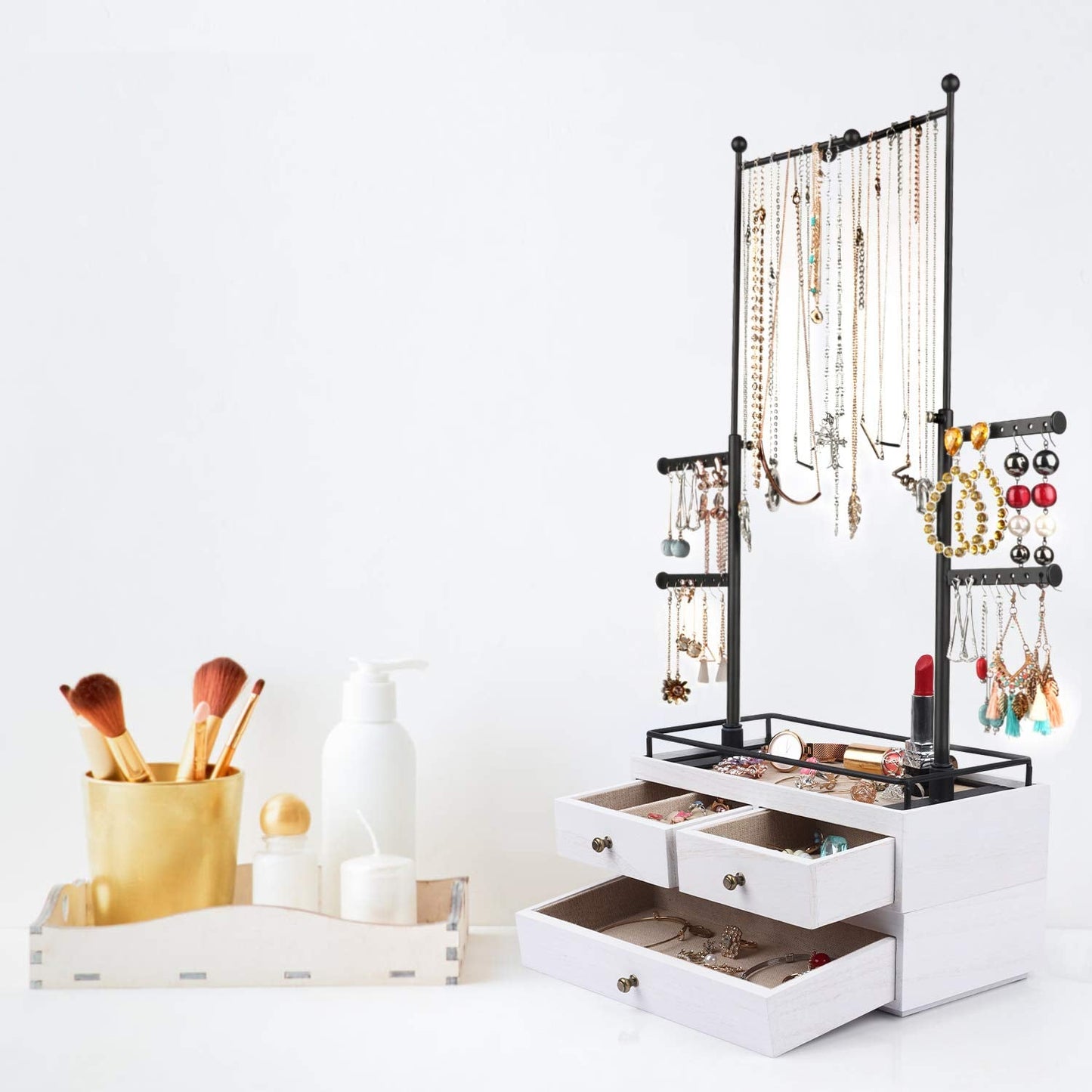 OLAKEE Jewelry Organizer - 2 Layer Wooden Jewelry Drawer Storage Box with 6 Tier Jewelry Tree Stand, Jewelry Display for Necklaces Bracelet Earring Ring (Rustic White)