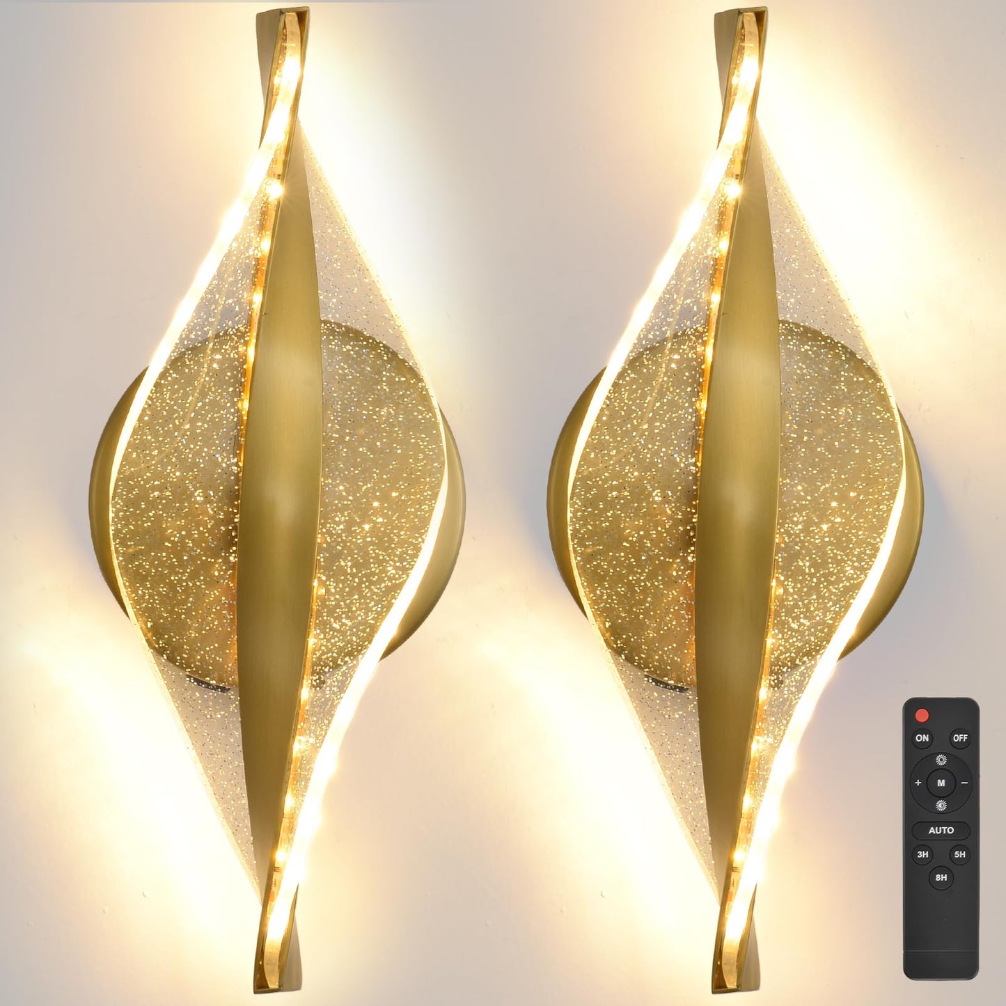 Giawosth LED Wall Sconces Set of Two Battery Operated, 5000mAh USB Rechargeable Gold Acrylic Wall Lights with Remote, Dimmable Wireless Wall Lamp for Living Room, Bedroom, Hallway,11.8 Inch