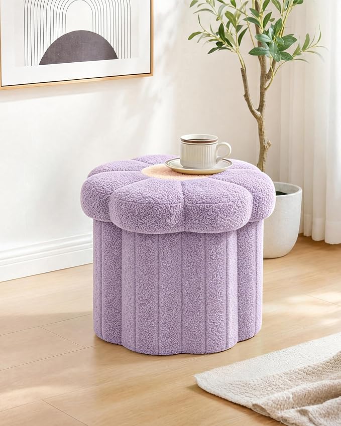 B FSOBEIIALEO Storage Ottoman Foldable, Sunflower Shaped Small Footrest Collapsible Folding Seat Bench for Bedroom Living Room Entryway, Faux Teddy Fur, Purple 12.6"x12.6"x11.4"