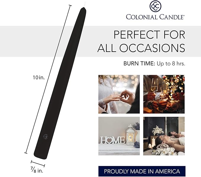 Colonial Candle Unscented Taper Candle, Handipt Collection, Black, 10 in, Pack of 12 - Up to 8 Hours Burn