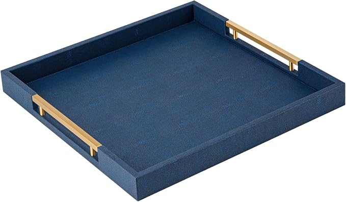 Navy Blue Faux Leather Large Square Decorative Serving Tray with Handles – for Coffee Table, Ottoman, Living Room, Bathroom & Home Decor