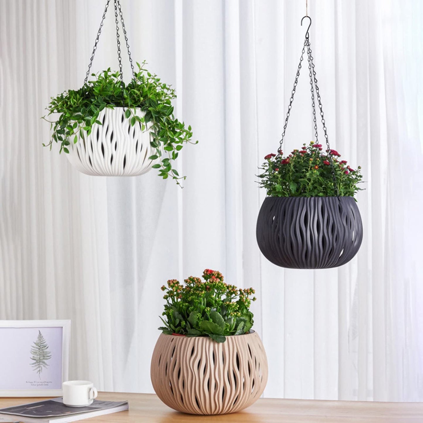 POTRUWE Imitation Rattan Plant Hangers with Base | Indoor Decorative Hanging Plant Holder Hanging Plant Basket for Wall/Window/Room Decor (Plant Not Included) (Gray)