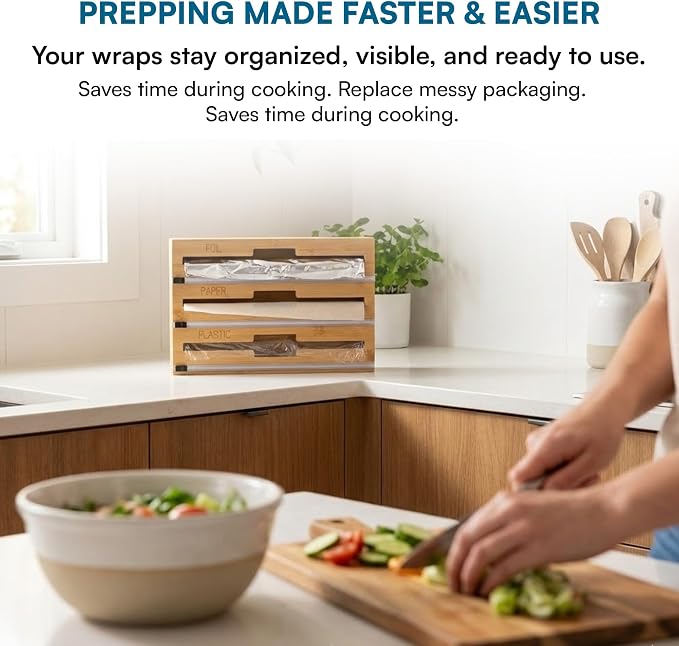 Honey Can Do 3-In-1 Bamboo Food Wrap Organizer With Safety Cutter | Plastic, Wax, Paper and Foil Holder KCH-09858 Natural