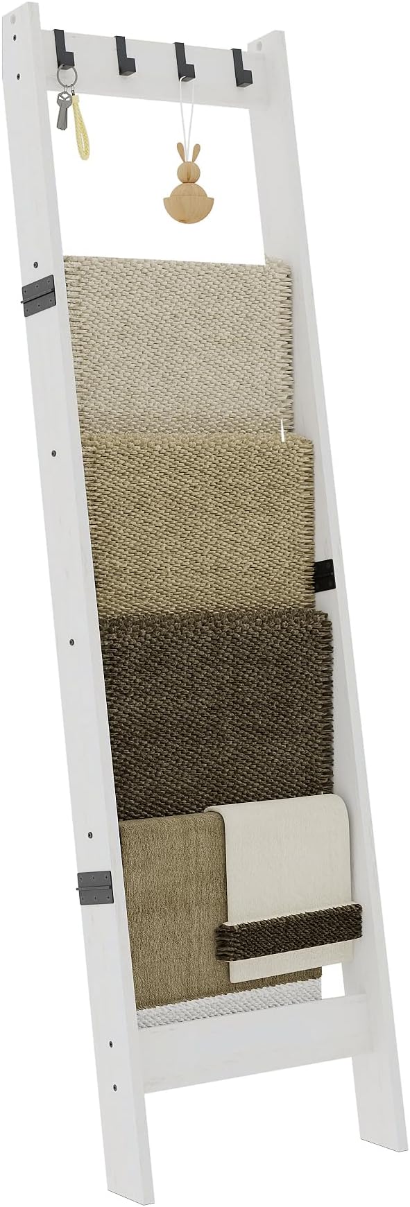 TRIFEBLE 6 Tier Blanket Ladder Shelf for Living Room and Bedroom, Ladder Holder with 4 Metal Hooks, 5.2ft Blanket Quilt Holder Rack, Farmhouse Ladder Rack for Storage and Home Decor, White