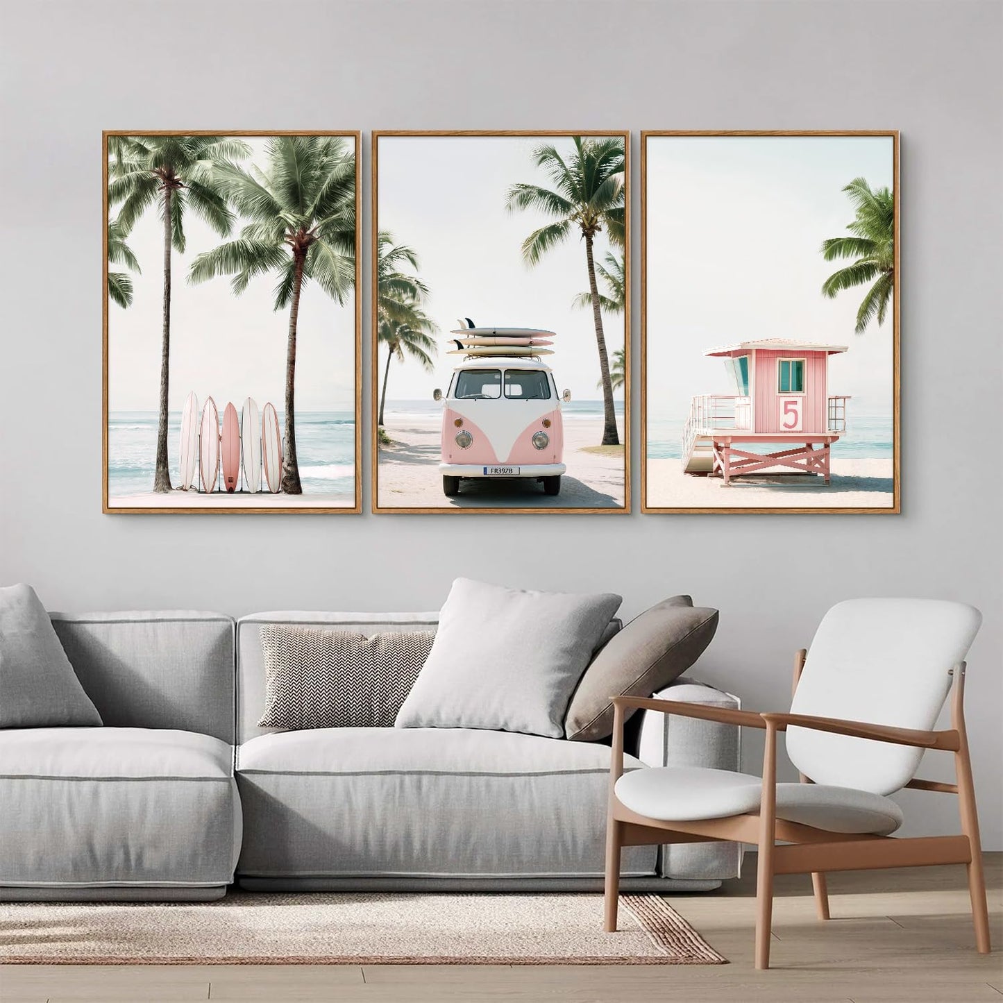 KYLESONLIE Tropical Beach Themed Framed Canvas Wall Art, Pastel Girly Surfboard Wall Decor, Relaxing Hawaii Palm Tree Posters, Coastal Beachy Art Paintings for Girls Bedroom Living Room Dorm 16"x24"x3
