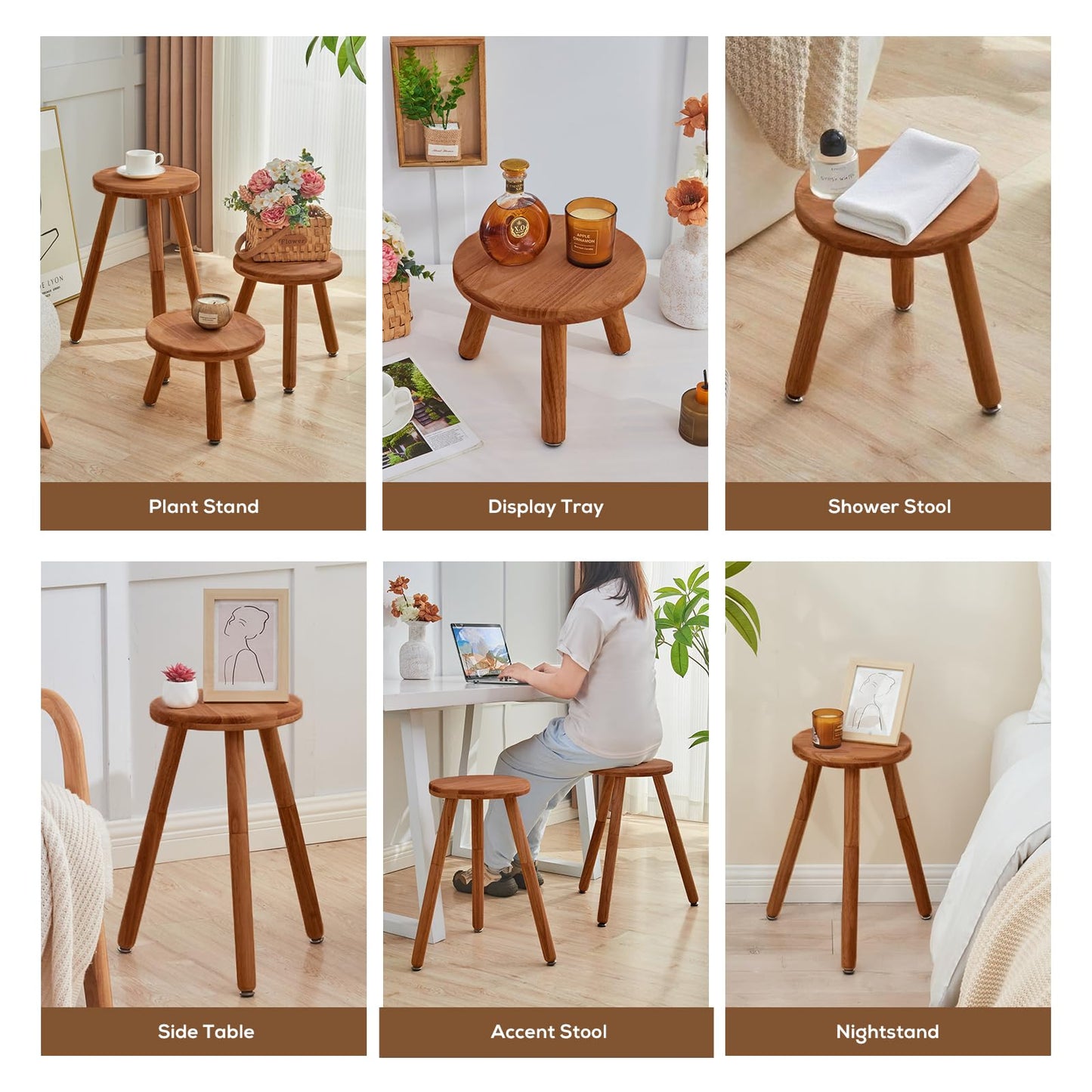 Yangqier Small Round Side Table Adjustable Height Solid Wood Drink Table Indoor Tall Plant Stand Multi-Use Accent Stool-11‘’D × 20“H (Walnut)
