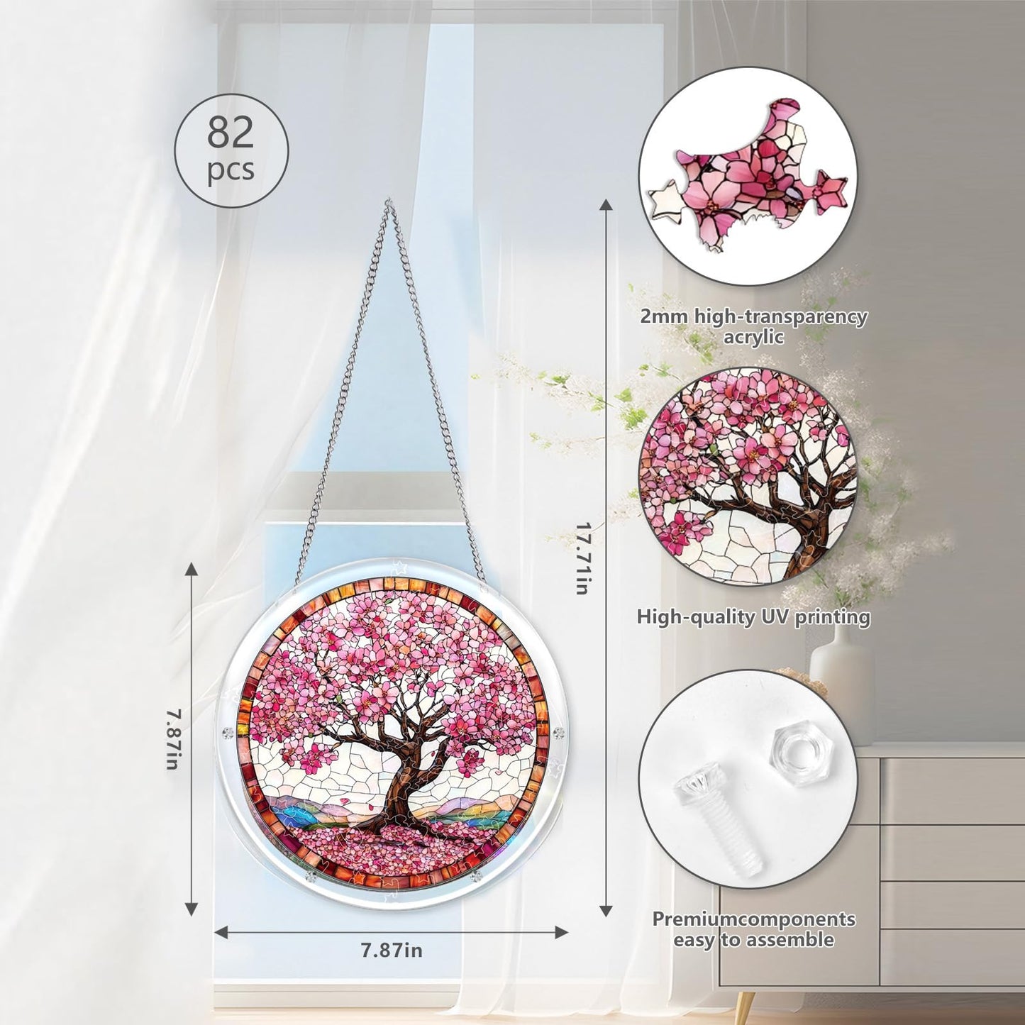 Acrylic Puzzle Suncatcher, Sun Catcher for Window Hanging, 83 Pieces 7.9 Inch Acrylic Puzzles Art Ornament for Garden, Ideal Birthday for Mom Women&Family (Heart-Shaped)