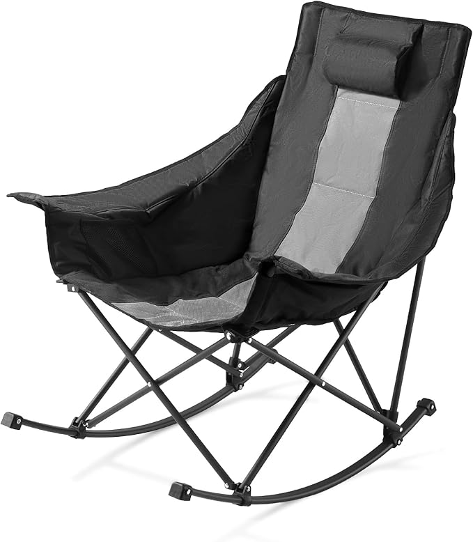 VEVOR Rocking Camping Chair, Portable Folding Rocker, Heavy-Duty Lawn Chair Recliner with Cupholder & Pocket, Supports 225lbs, Fully Padded Camp Chairs for Outdoor Patio Backyard Porch Garden