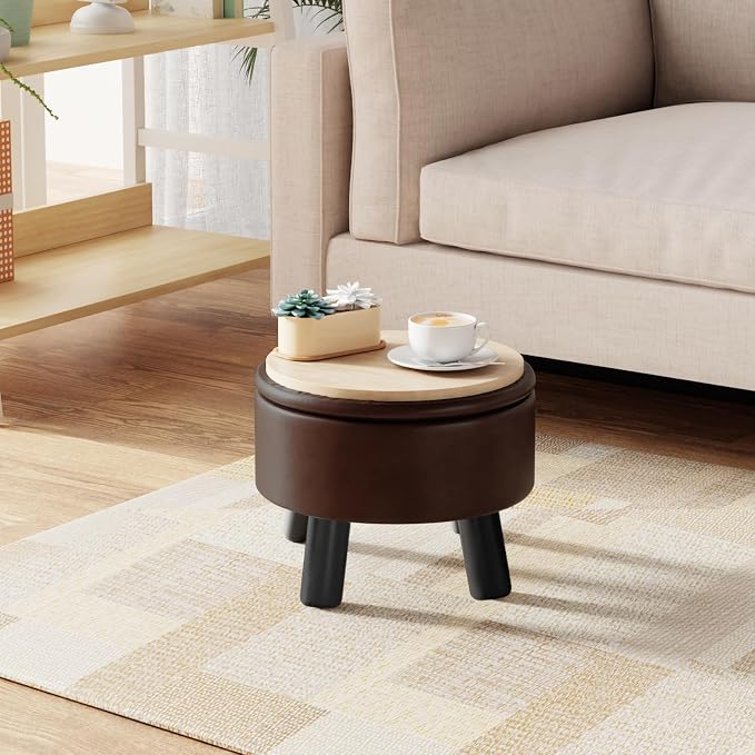 Small Foot Stool Ottoman with Storage, Faux Leather Ottoman Foot Rest for Couch, Round Footstool Ottomans for Living Room (Brown)