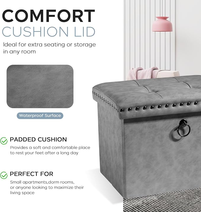 oakvivo Storage Ottoman Cube 16x12x12 inches, Small Faux Leather Tuffed Foot Rest Stool with Rivet Design, Foldable Ottomans Footstool, Box Chest for Bedroom, Entryway, Load 242 lb, Grey