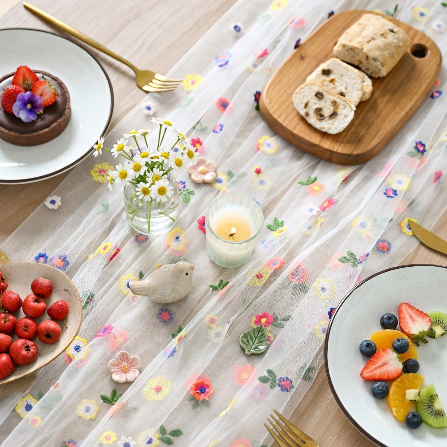 Artoid Mode Embroidery Daisy Gauze Table Runner 120 Inch 10FT, Seasonal Sheer Kitchen Dining Holiday Wedding Birthday Table Decor for Home Party