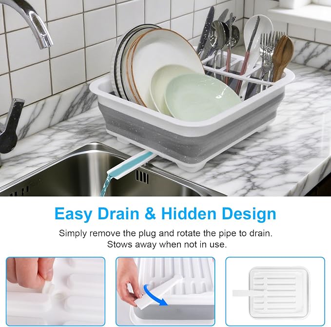 Collapsible Dish Drying Rack with Drain Plug Tube, Portable Dish Drainers for Kitchen Counter, Folding Dish Rack Over Sink Drying Dinnerware,Kitchen Sink Organizer Travel Trailer RV Camping Essentials