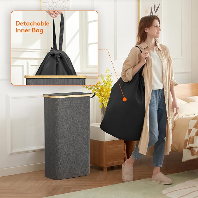 Lifewit 65L Slim Laundry Hamper with Lid, Narrow Laundry Basket with Removable Bag & Bamboo Handles, Fodable Thin Dirty Clothes Hamper for Laundry Collapsible Bin for Bathroom Bedroom Dorm, Dark Gray