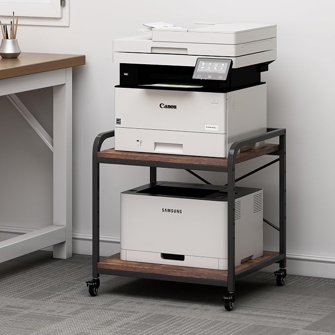 Fannova Under Desk Printer Stand, 20 Inches Deep Large Printer Table with Height Adjustable Storage Shelf, 2 Tier Rolling Printer Cart with Wheels for Home Office - Rustic Brown