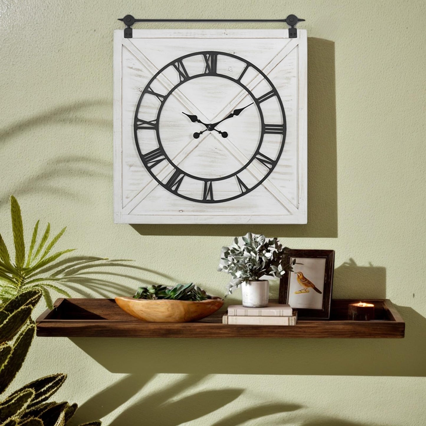 FLORA Large Farmhouse Wall Clock,Rustic Barn Door Wall Clocks for Living Room Decor, Battery Operated 29.5" H x 27" W, Whitewash