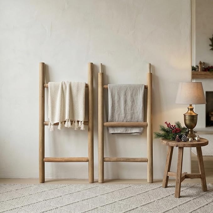 Wooden Blanket Ladder - 76in Natural Wood Color- Leaning Wall Decor for Bedroom, Bathroom, Living Room - Rustic Quilt Holder (Natural Wood Color (Knock Down), 76in | Knock Down)