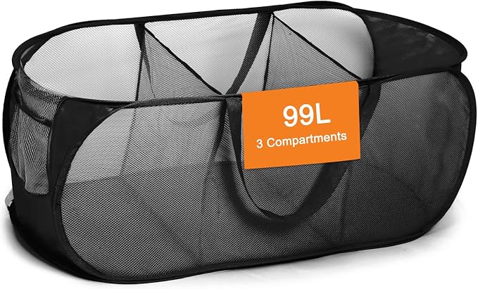 Foldable Laundry Baskets, Collapsible Mesh Laundry Hamper, Durable Pop Up Laundry Basket, 3 Compartments Clothes Hampers for Laundry, Easy to Carry & Sort for Dorm, Home, Kids Room, Travel Black
