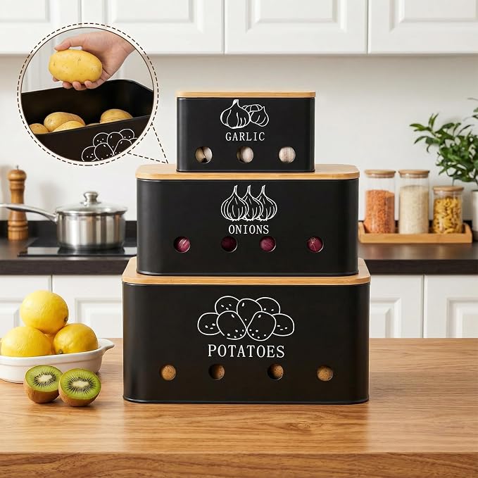 3 Pack Potato Onion Garlic Storage Set, Metal Vegetable Storage Bins with Aerating Holes Bamboo Lids, Large Capacity Kitchen Canister Black Food Container for Countertop, Pantry