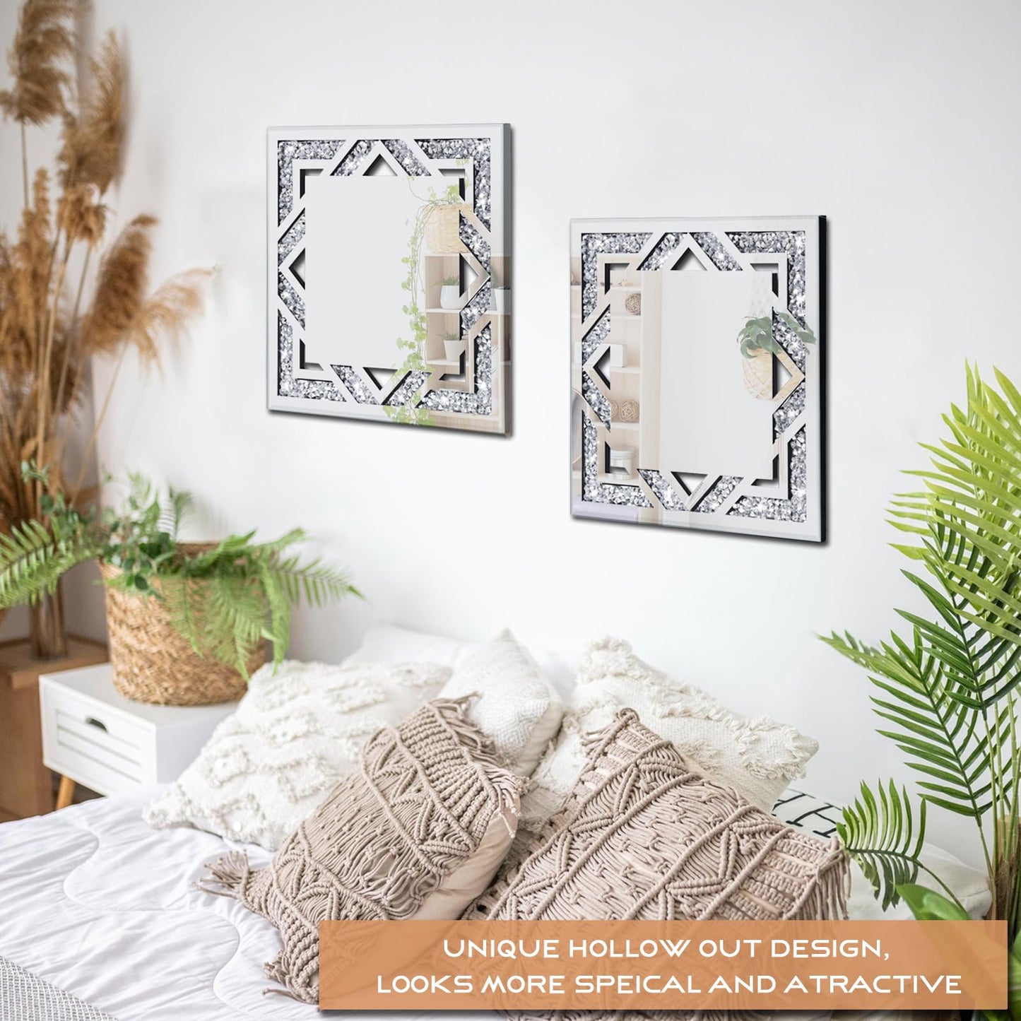 2 Piece Square Hollow Crushed Diamond Decorative Mirror, Silver Crushed Diamond Mirror Decor Wall for Living Room Bedroom Bathroom (12”x12”)