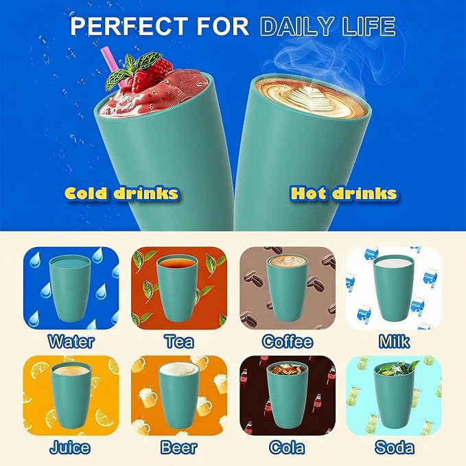 20 OZ Large Wheat Straw Cups Set of 6, Unbreakable Reusable Plastic Cup Alternative, Dishwasher Safe Drinking Cups & Tumblers for Kitchen, Outdoor, Green