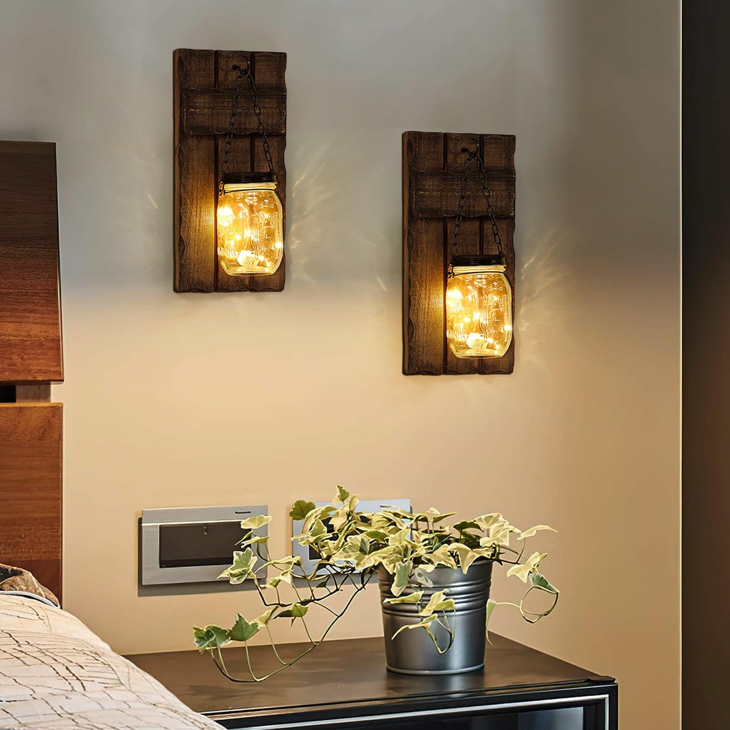 Wall Candle Sconces Set of 2, Candle Holder Rustic Home Decor, Farmhouse Mounted Wooden Candle Holders with Lights, Wall Decorations for Bedroom, Living Room, Kitchen, Bathroom