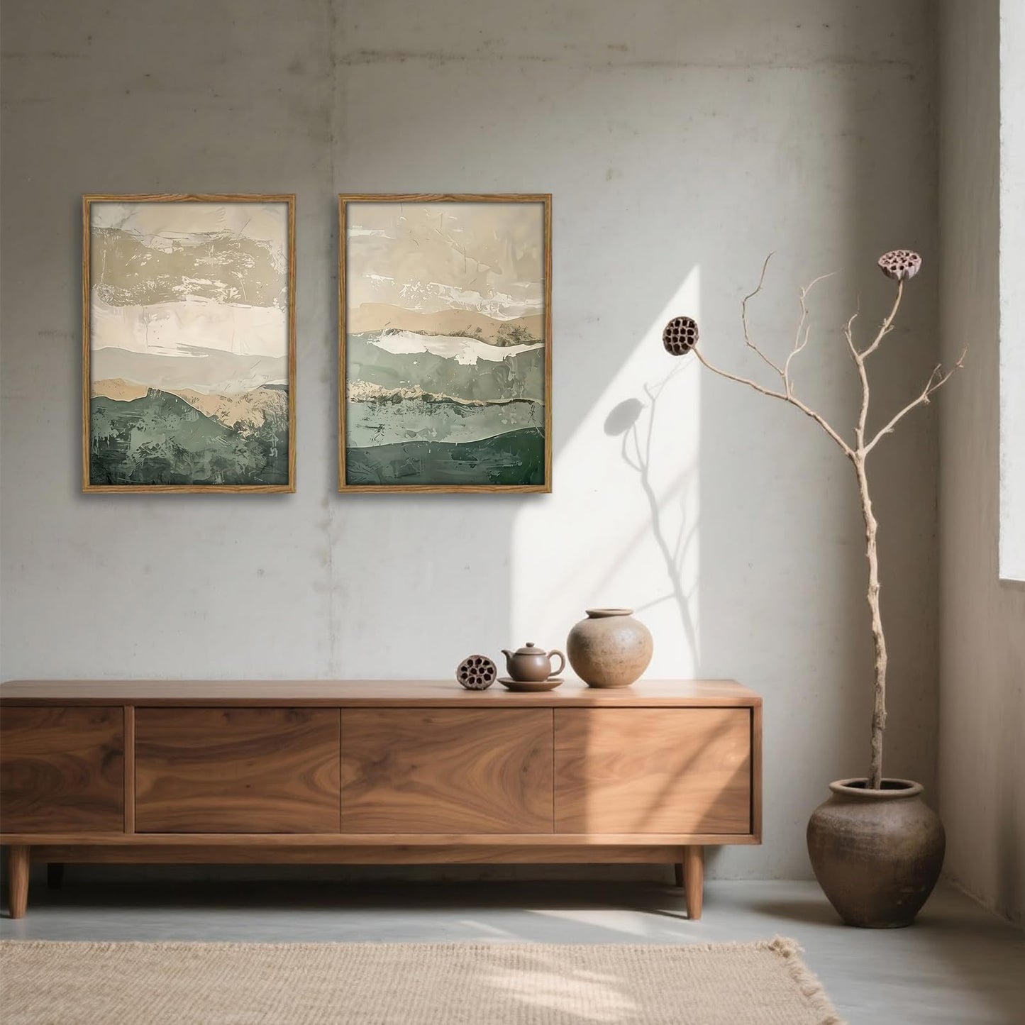 Framed 2Pcs Green Abstract Wall Art with Wood Frame Rustic Landscape Canvas Print Earth Tones Farmhouse Painting Picture Wall Decor for Living Room Bedroom Office12x16 Inches