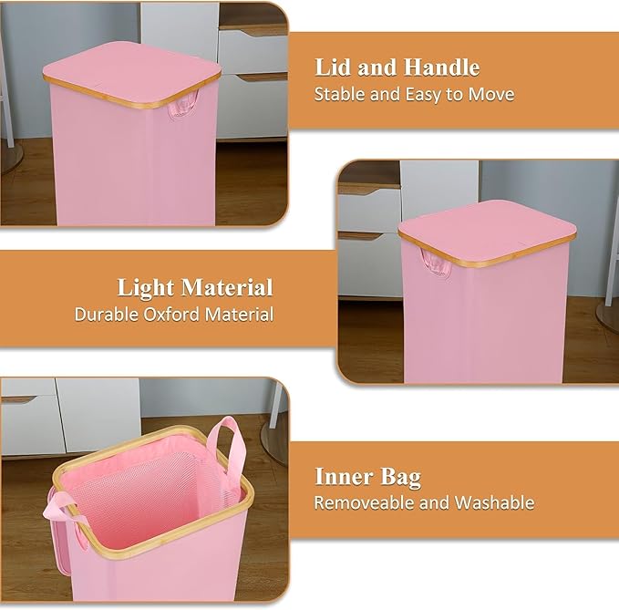 iEGrow Laundry Hamper with Wheels,110L Laundry Basket with lid Rolling Clothes Hamper Dirty Clothes Basket on wheels with Bamboo Frame and Bag for Bedroom, Dorm, Laundry Room,Pink