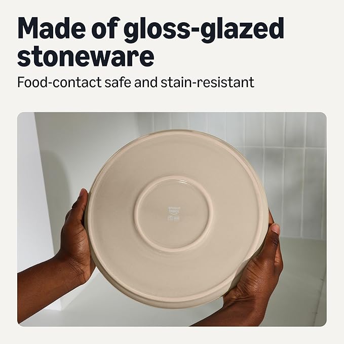 Amazon Basics Glazed Stoneware Dinner Plates, Ceramic 4-Piece Set, Microwave, Dishwasher and Freezer-Safe, Modern Design, 10.5 in., Linen Gray