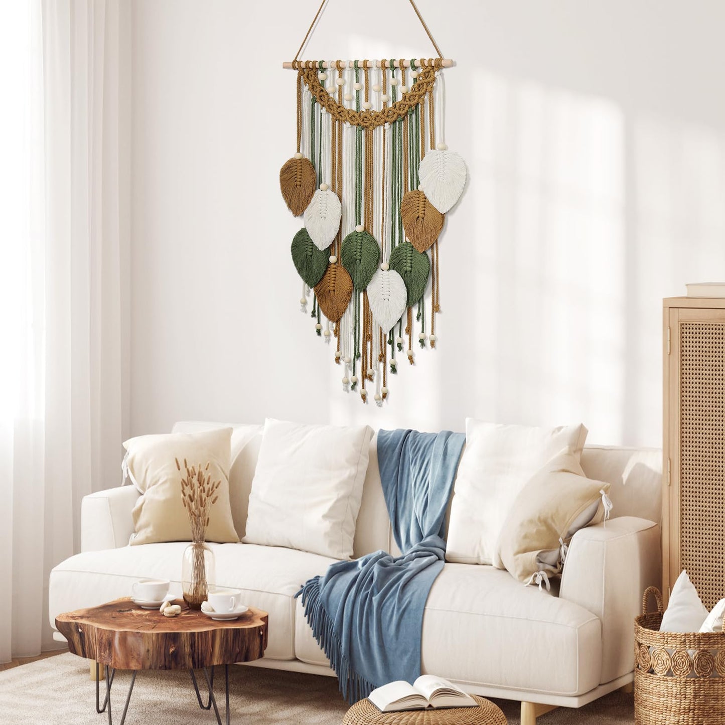 Weldomcor Macrame Wall Hanging Boho Leaf Woven Tapestry, Bohemian Chic Home Decor Modern Handmade Leaves Feather Wall Art Decorations for Bedroom Living Room Apartment Ornament 16.5" W X 31.5" L