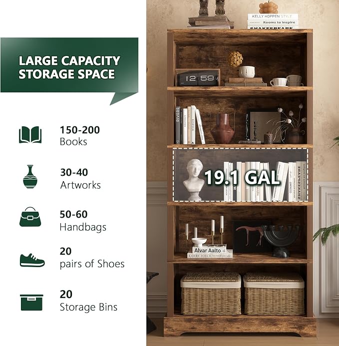 TVU 5-Tier Wooden Bookshelf, 65" Tall Farmhouse Style Open Bookcase, 31.5" W Standing Book Shelf with Storage, Suitable for Study, Living Room, Office, Rustic Brown