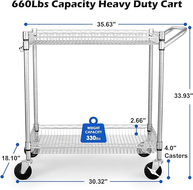 WDT Heavy Duty 2 Tier Rolling Cart, NSF Listed, 660Lbs Capacity, Commercial Grade Metal, 35.63"x18.1"x33.93"