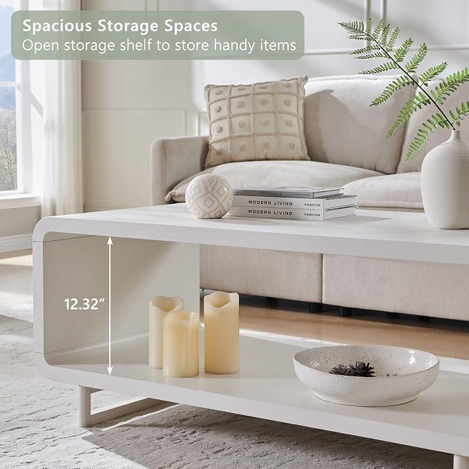 IFGET 48" Modern Coffee Table, 2-Tier Minimalist Center Table with Storage Shelf, Curved Profile Design, Wooden Rectangular Living Room Table w/Wood Thick Design for Living Room, Office, White
