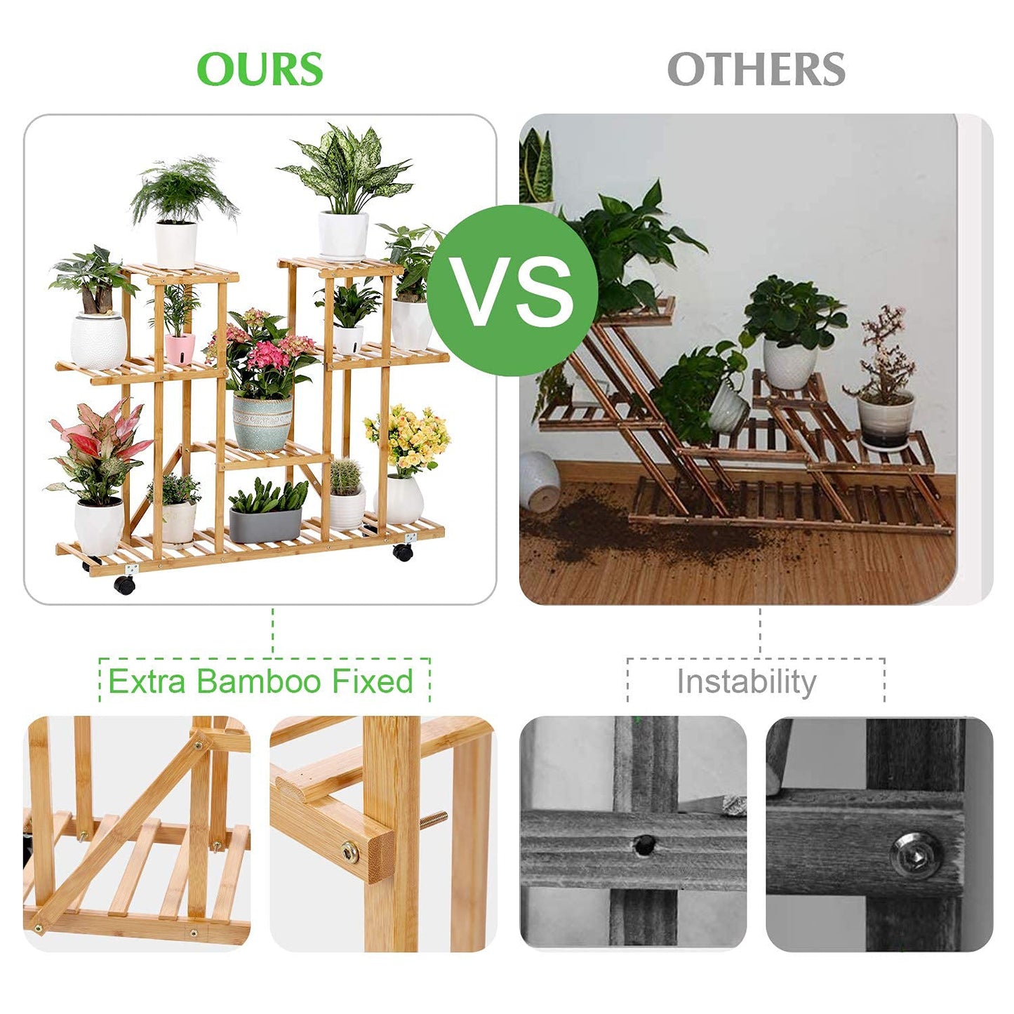 Bamboo Plant Stand Rack with Wheels 4 Tier Indoor&Outdoor Rolling Plant Flower Pots Holder Shelf Planter Display Shelving Unit for Patio Garden, Living Room, Corner Balcony and Bedroom (13 Flowerpots)