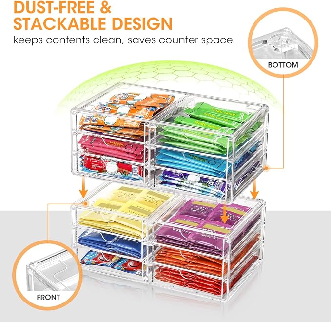 AIEVE Drink Packet Organizer, Stackable Storage Drawers for Tea Bag Organizer, Water Packet Holder with 6 Drawers Acrylic Bins for Kitchen Cabinets Pantry Office Organization