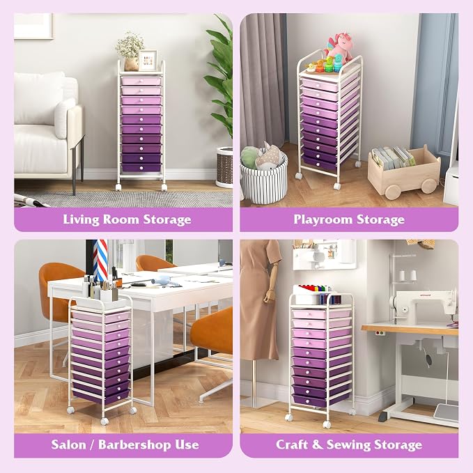 COSTWAY 10-Drawer Rolling Storage Cart, Utility Mobile Trolley with Removable Drawers & Universal Casters & 2 Brakes, Versatile Flexible Drawer Organizer Cart for Home, Office, Purple Gradient