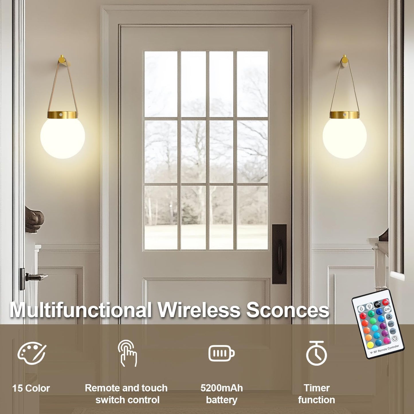 Battery Operated Wall Sconces Set of 2, Gold Wall Lamps for Bedroom with Remote Control Warm/Natural/Daylight/RGB 15 Colors Dimmable Rechargeable Wireless Globe Wall Lights Retro Living Room Hallway
