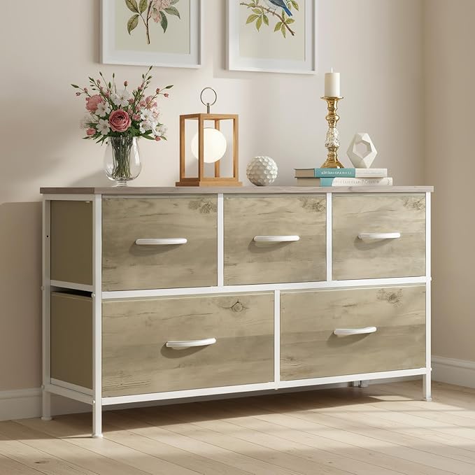 OLIXIS Dresser for Bedroom with 5 Drawers, Wide Chest of Drawers, Fabric Bedroom Dresser with Drawer Organizer, Storage Organizer Unit with Fabric Bins for Closet, Living Room, Hallway, Greige Oak