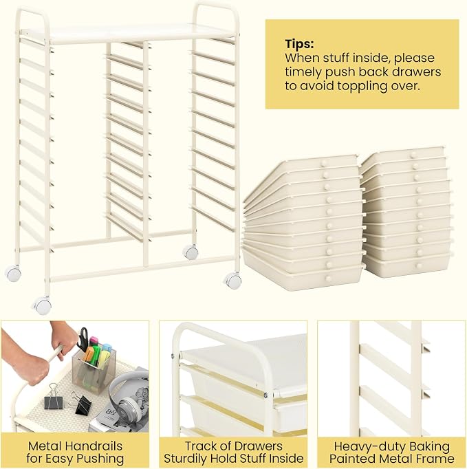 COSTWAY 20-Drawer Rolling Storage Cart, Utility Storage Organizer Cart for Tools, Scrapbook, Paper, Craft, Multipurpose Storage Trolley on Wheels for Home Office School, Ivory White