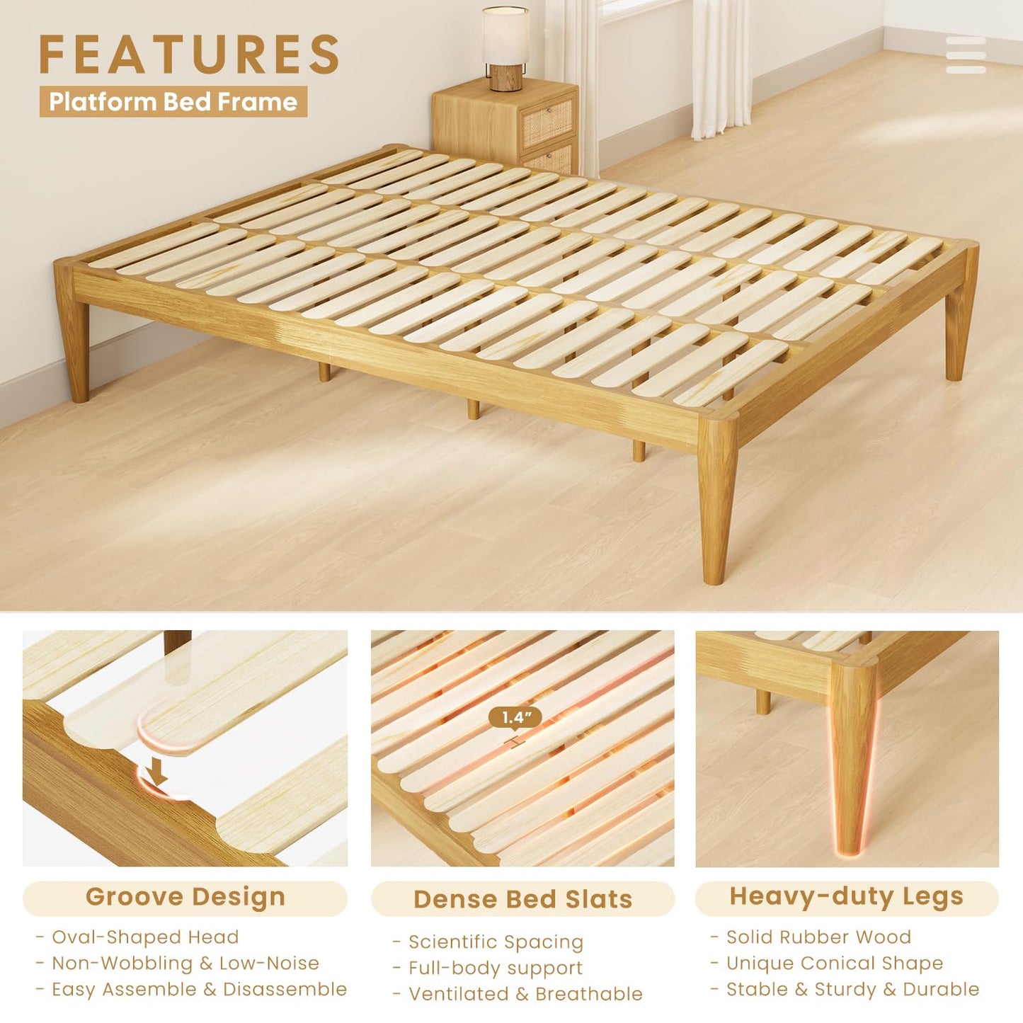 IOTXY King Platform Bed Frame - Solid Wood 16-Inch Height Mattress Foundation Base with Densely Slats and Heavy-Duty Support Legs, No Box Spring Needed, Oak