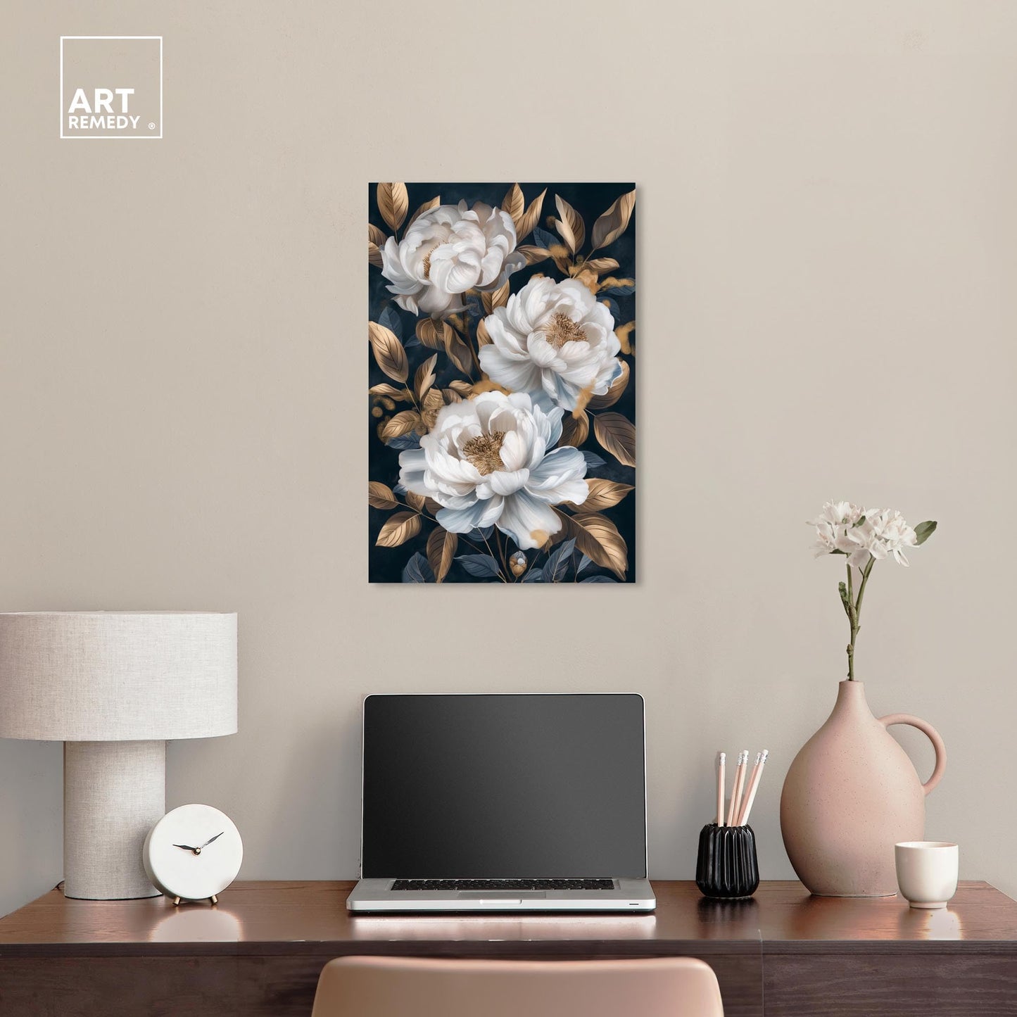 Art Remedy Golden Emblems in White I Canvas Luxury Floral Art, Gallery Wrapped, 16" x 24"