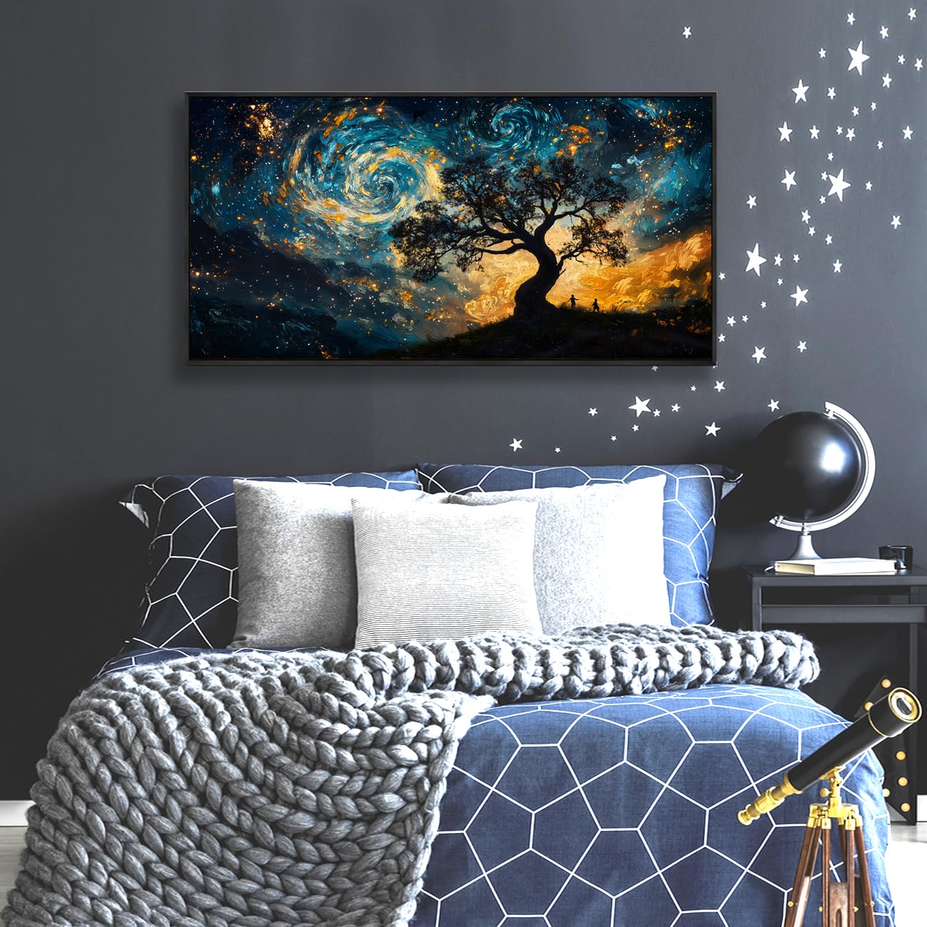 The Mode Art Wall Art Starry Night Canvas Wall Art Natural Scenery Pictures Wall Decor For Living Room Bedroom Decor Office Home Decoration 20 x 40 inches -Black Framed