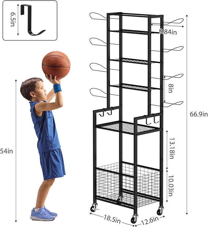 OYEAL Freestanding Ball Rack with Wheels Garage Basketball Storage Cart Outside Sports Equipment Organizer Ball Holder with Storage Baskets for Basketball, Soccer, Volleyball, Football, Black