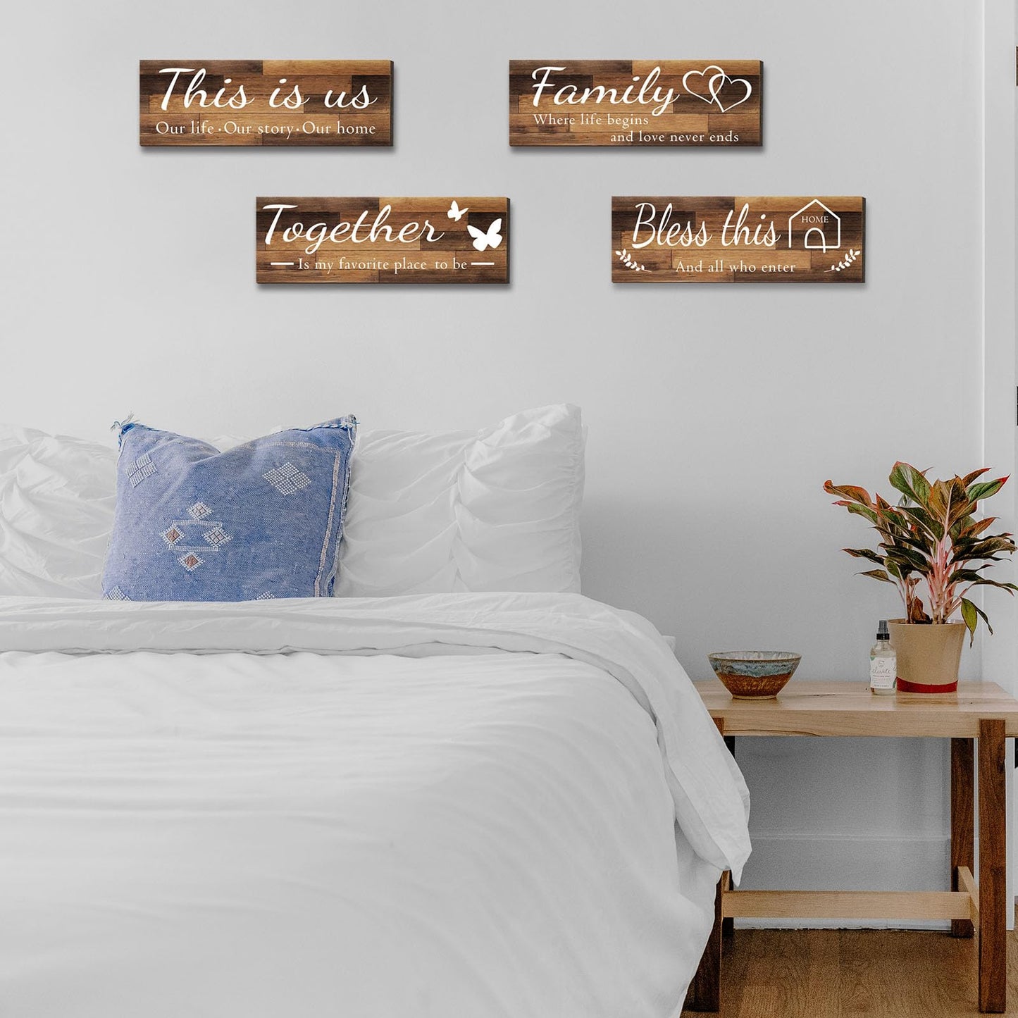 4 Pieces Home Wall Signs, THIS IS US/TOGETHER/BLESS THIS HOME/FAMILY Wall Decor For Living Room Bedroom, Rustic Wooden Farmhouse Wall Art , 4.7 x 13.8 Inch(Brown)