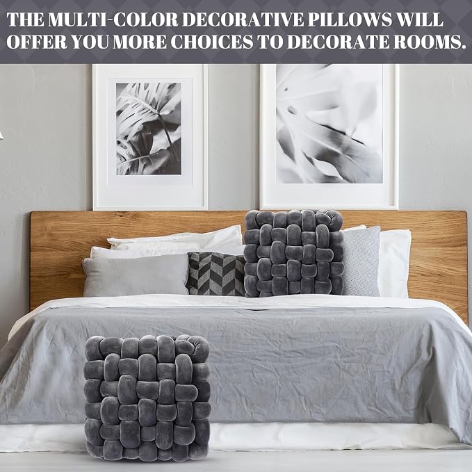 Wenqik 2 Pcs Knot Pillows Square Knotted Plush Throws Soft Accent Pillows Decoration Cushion for Couch Home Office Living Room Bedroom Bed Sofa Decor, 12'' x 13''(Dark Gray,Crystal Velvet)