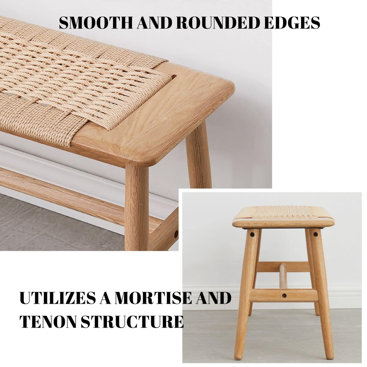 Vadisun 100% Solid Oak Wood Bench,Hand Woven Design,Solid Mortise and Tenon Construction-Solid Structure of Chair Legs,Woven Rattan Entryway Benchs/Dining Bench (Natural Oak,31.49”*11.81”*15.98”)