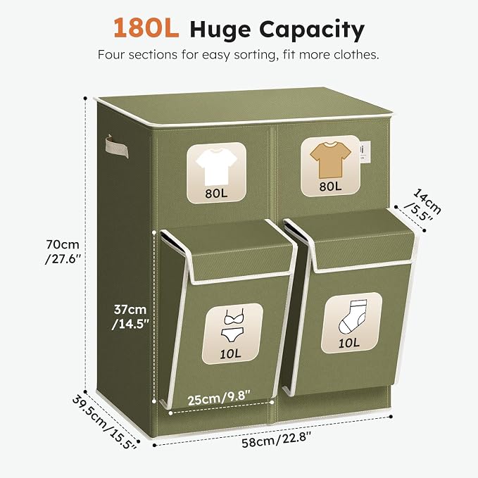 SOLEDI Double Laundry Hamper with Lid, 47.8 Gal (180L) Large Laundr Basket 2 Section with 2 Side Pockets, Dirty Clothes Hamper with Removable Bag, Easy to Carry for Laundry Room, Bedroom, Avocado