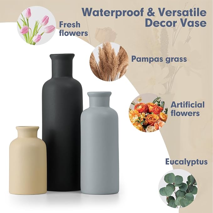 Ceramic Vase Set of 3, Neutral Rustic Vases for Farmhouse Decor, Pampas Grass & Dried Flowers and Table Living Room Home Decor
