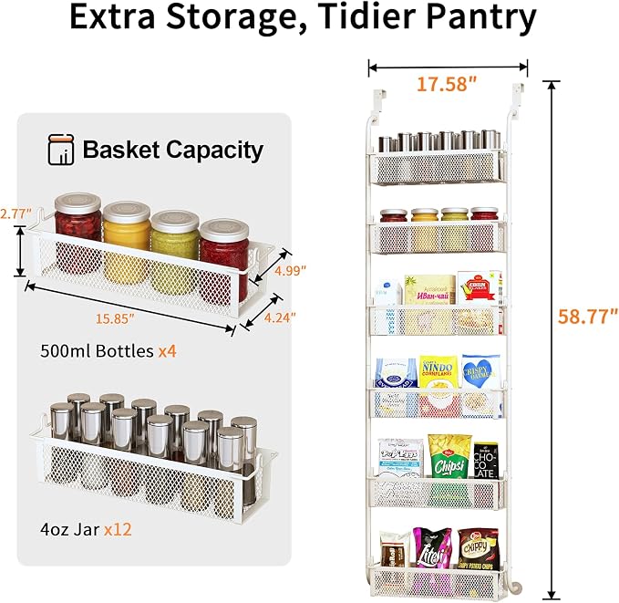 Over the Door Pantry Organizer, 6-Tier Pantry Door Organization and Storage, Over the Door Spice Rack, Home & Kitchen Storage Shelves for Cabinet, White