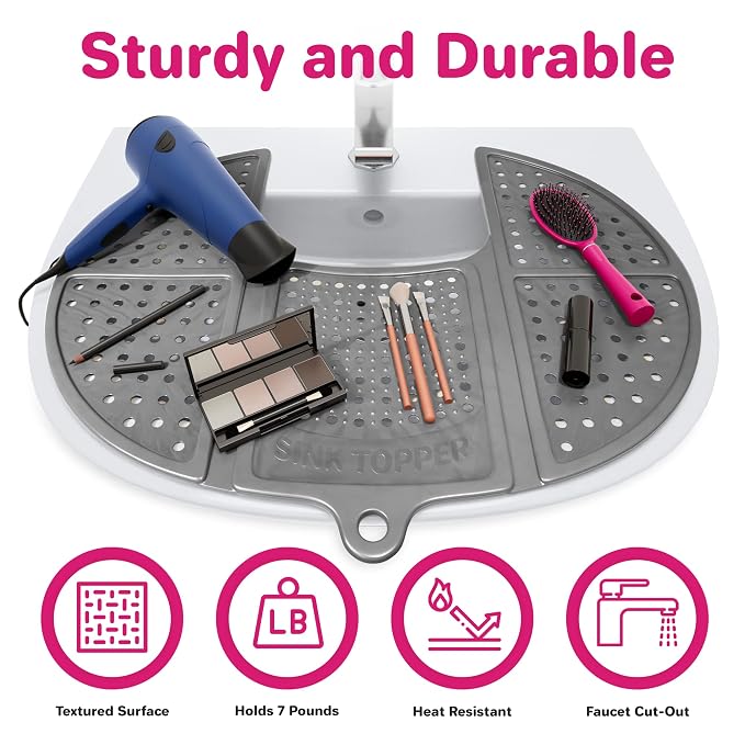 Sink Topper Bathroom Counter Cover & Storage Saver, Foldable Silicone Mat for Hot Tools, Hair Styling & Makeup, Beauty Brush Cleaning Mat, RV Camper Sink Cover & for Small Spaces (Standard Silver)