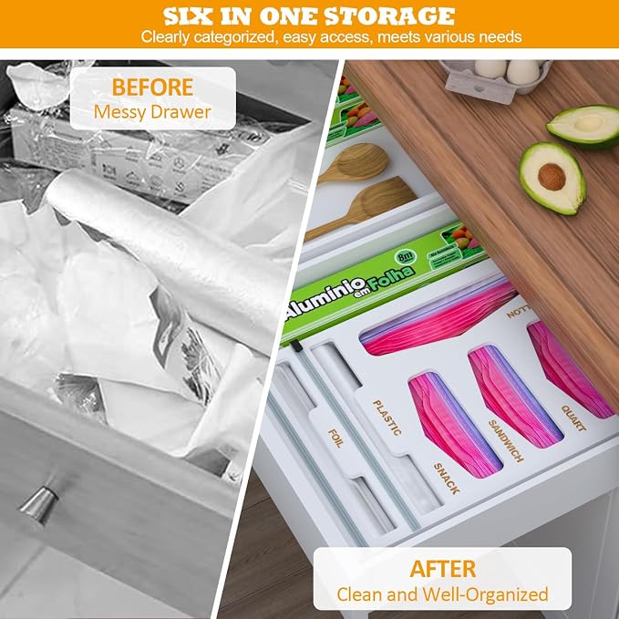 DALSHABET Bamboo Bag Organizer with Magnetic Closure, 6 In 1 Kitchen Drawer Foil and Plastic Wrap Dispenser with Cutter, Storage bag for Gallon, Quart, Sandwich, Snack White